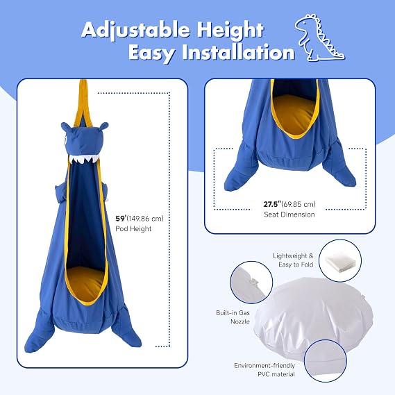 Kids Pod Swing Seat, Dinosaur Shape Canvas Swing Chair, Child Sensory Swing Hammock with Hanging Kits for Indoor/Outdoor Use (Deep Blue)