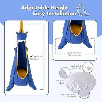 Kids Pod Swing Seat, Dinosaur Shape Canvas Swing Chair, Child Sensory Swing Hammock with Hanging Kits for Indoor/Outdoor Use (Deep Blue)