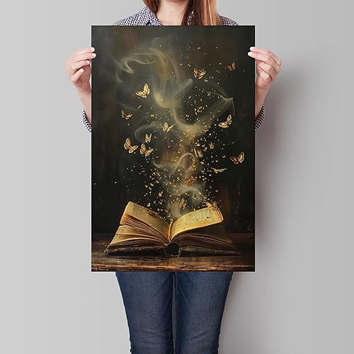 Miniatura 3 de Fantástico libro abierto encantado, arte de pared, diseño vintage de mariposas doradas, póster estético, divertido lienzo de humo místico,