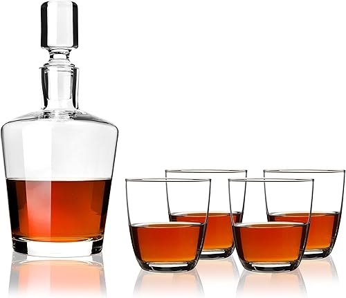 True Juego de decantador y vaso de licor, juego de decantador de vino de whisky y bourbon, juego de cristal de cristal, accesorio de bar, incluye 4