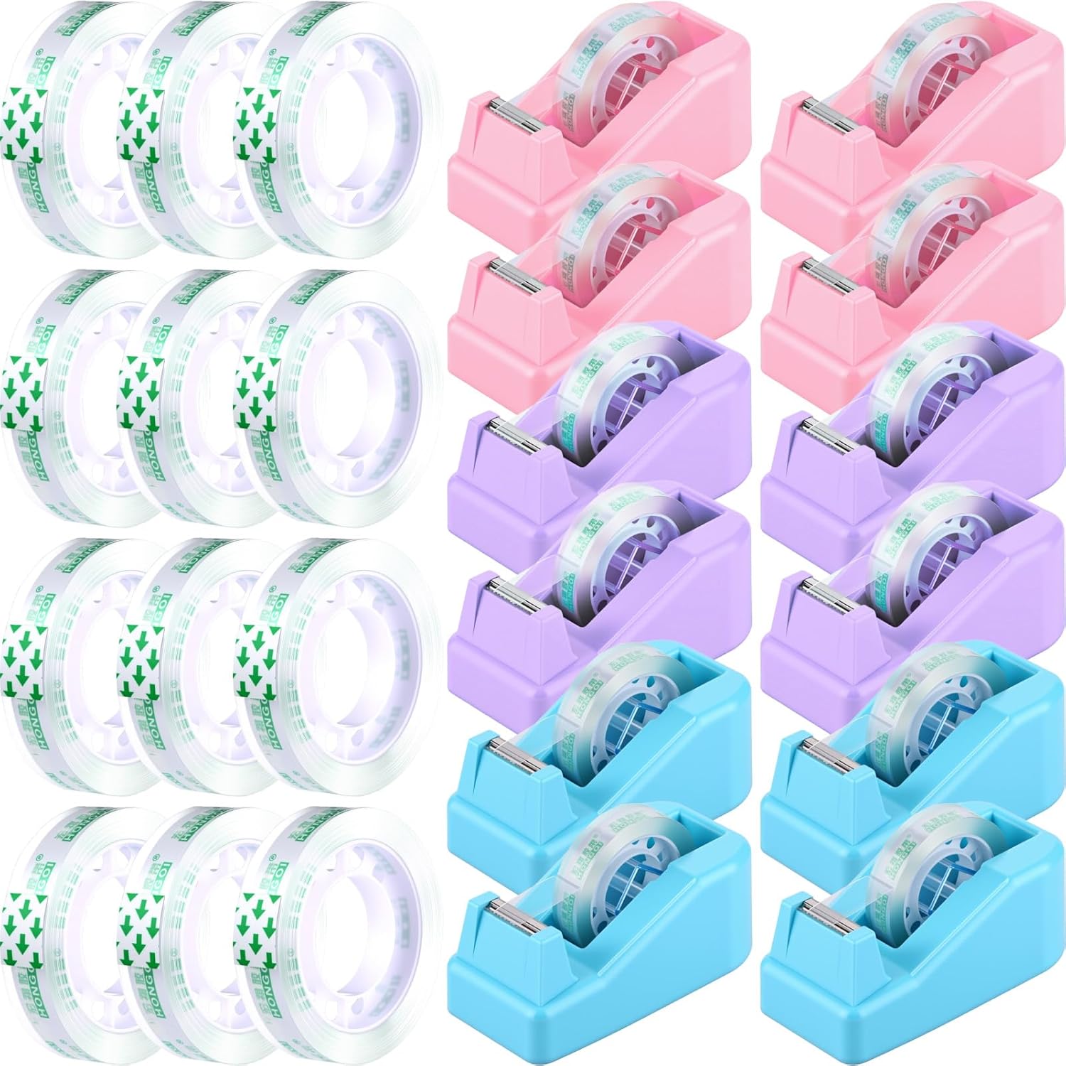 AmazingSpark 12 Pack Desktop Tape Dispenser Bulk with 12 Rolls of Transparent Tape, Office Desk Accessories Weighted Non Skid Base for Operation Christmas Bulk Items School Office(Pink,Purple,Blue)