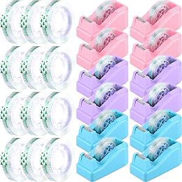 AmazingSpark 12 Pack Desktop Tape Dispenser Bulk with 12 Rolls of Transparent Tape, Office Desk Accessories Weighted Non Skid Base for Operation Christmas Bulk Items School Office(Pink,Purple,Blue)