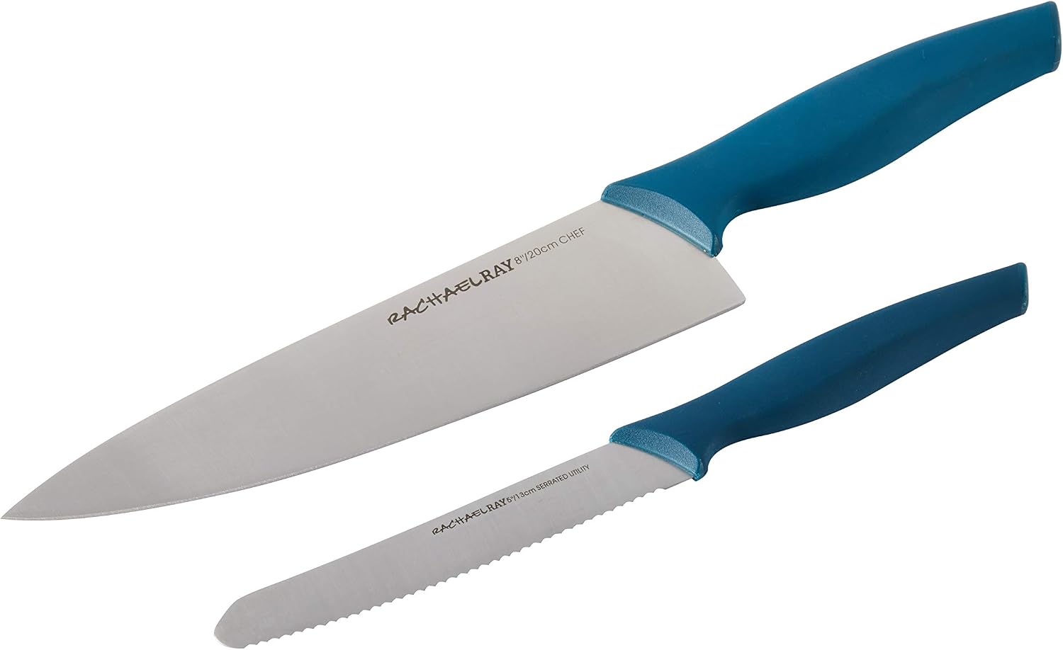Rachael Ray Basics Japanese Stainless Steel Knife Set/ Cutlery / Chef and Utility Knives Set with Sheaths- 8 Inch Chef Knife and 5 Inch Serrated Utility Knife with Marine Blue Handles
