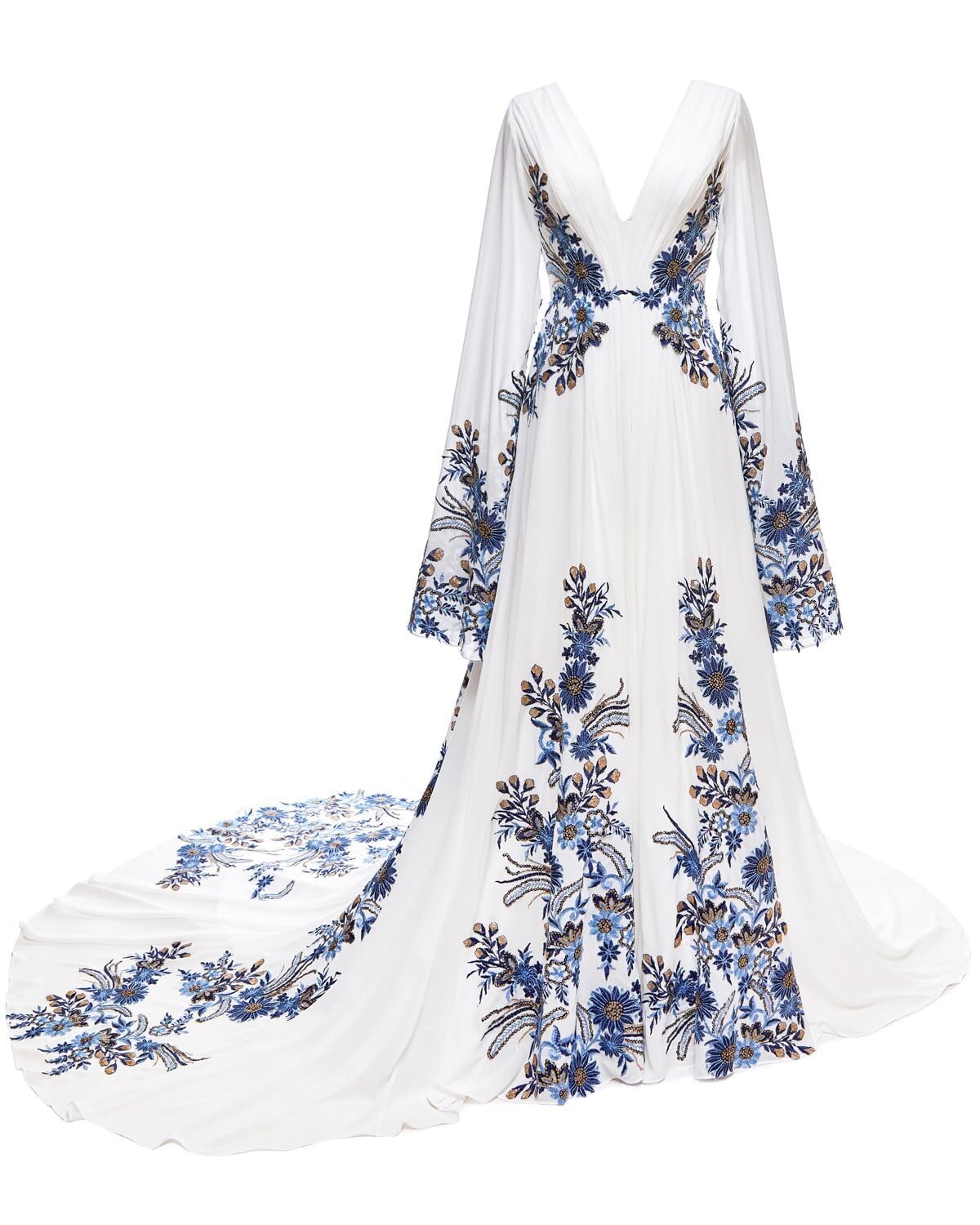 TPonline Boho Long Sleeve Wedding Dresses for Bride Blue Floral Embroidered Chiffon V Neck Maxi Bridal Gowns with Train