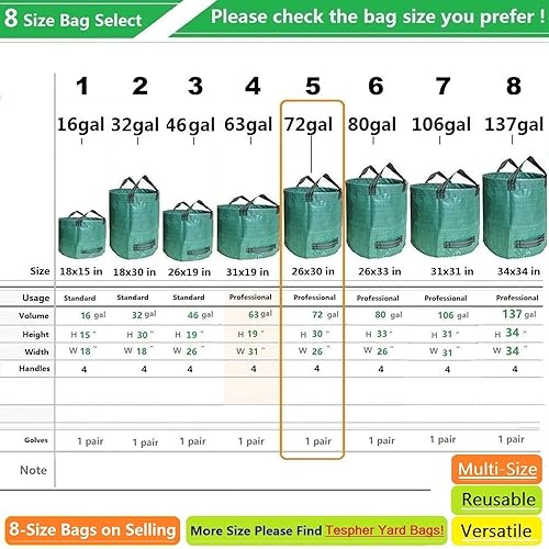 Miniatura 9 de Paquete de 3 bolsas profesionales de 72 galones para patio, césped, jardín, bolsas grandes (26 pulgadas de alto, 30 pulgadas) con guantes de