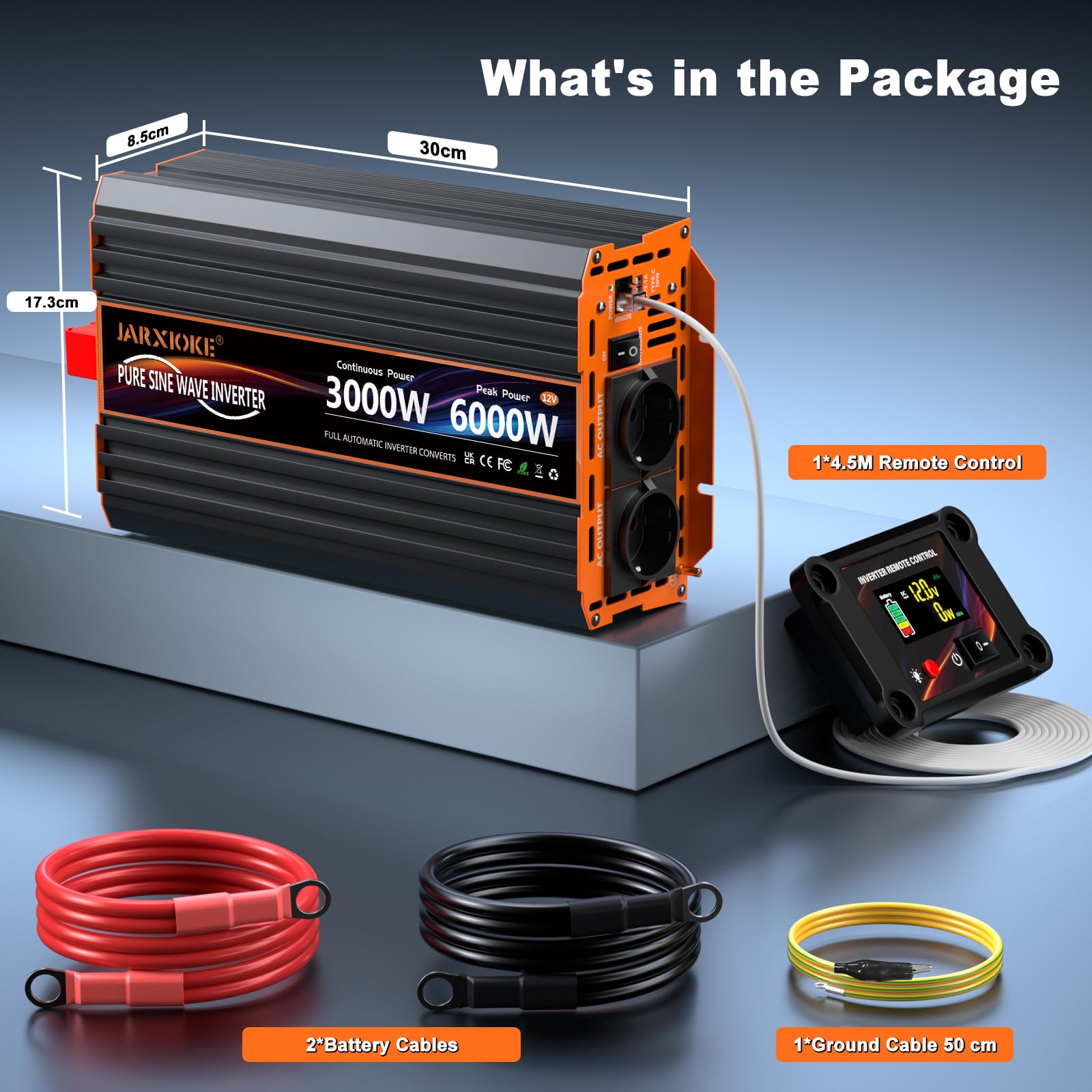 Convertisseur 12V 220V Pur Sinus 3000W/6000W Onduleur Transformateur de Tension Inverter avec écran LCD Télécommande & 2 Prises EU & Ports USB 3,4 A & Port de USB-C pour Camion,Camping-car park,Voyage