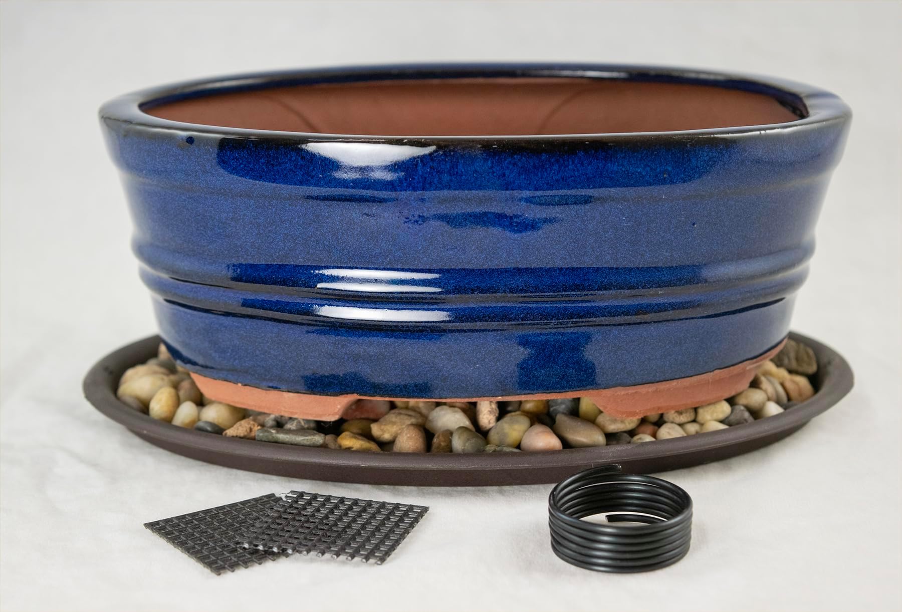 bigsnowball 8" Oval Dark Blue Bonsai/Cactus & Succulent Pot + Tray + Rock + Mesh Combo
