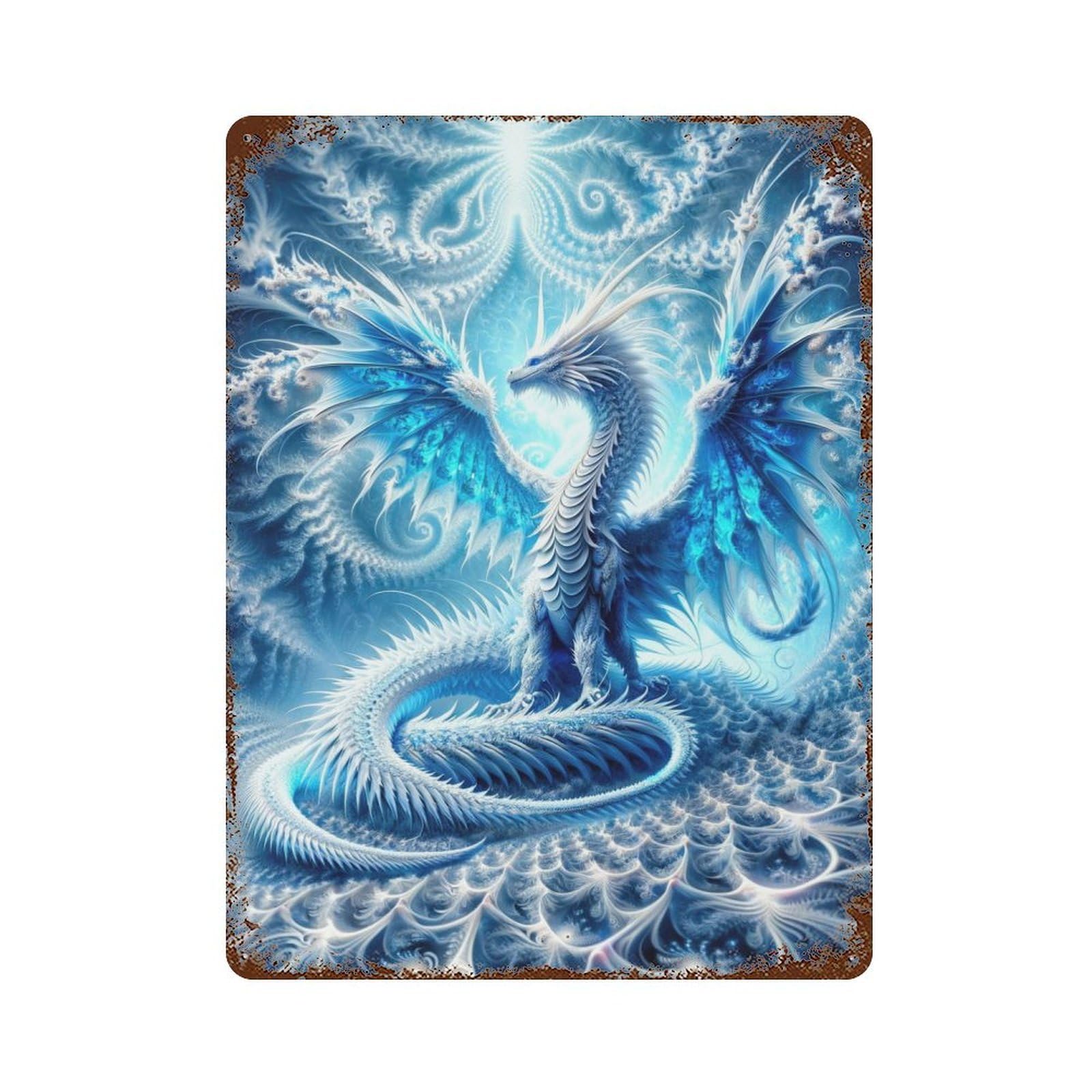 Fractal Frost Dragon Aged Metal Wall Plaque 15.7"x11.8", Industrial Home Decor for Pub, Kitchen And Man Cave Decor