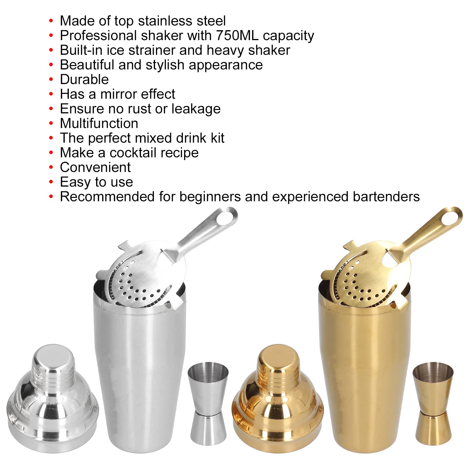 Insulated Shaker, Mixed Drink Shaker Stainless Steel Martini Shaker with Strainer Measure Cup Shaker for Bartender Bar