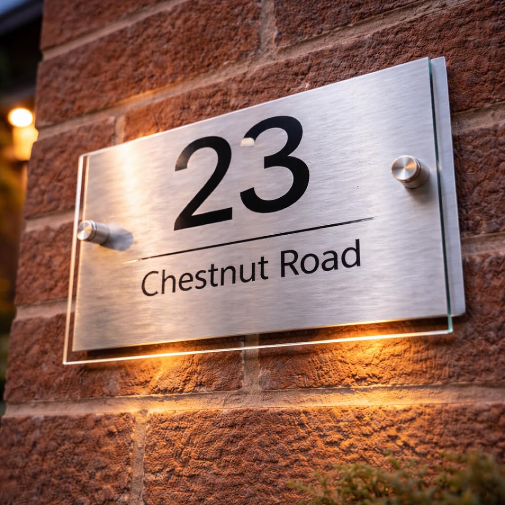 Personalised House Numbers Plaques by Blitz Craft | Glass Effect Acrylic and Silver Mirrored Finish | Custom Address Text with Door Numbers for Outside, Weatherproof Design with Fixings (200x130mm)