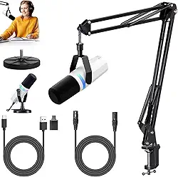 Kit De Microfone Dinâmico XLR,USB, Para Streaming, Podcasts, Jogos, RGB, Funções De Mudo E Redução De Ruído, Controle De Volume, Microfone Para PC Ou Celular (branco)
