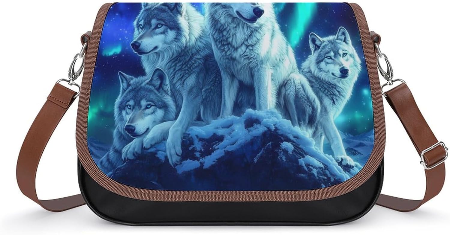 Wolves Northern Lights Women's Shoulder Handbags Cute PU Leather Purse Crossbody Messenger Bags