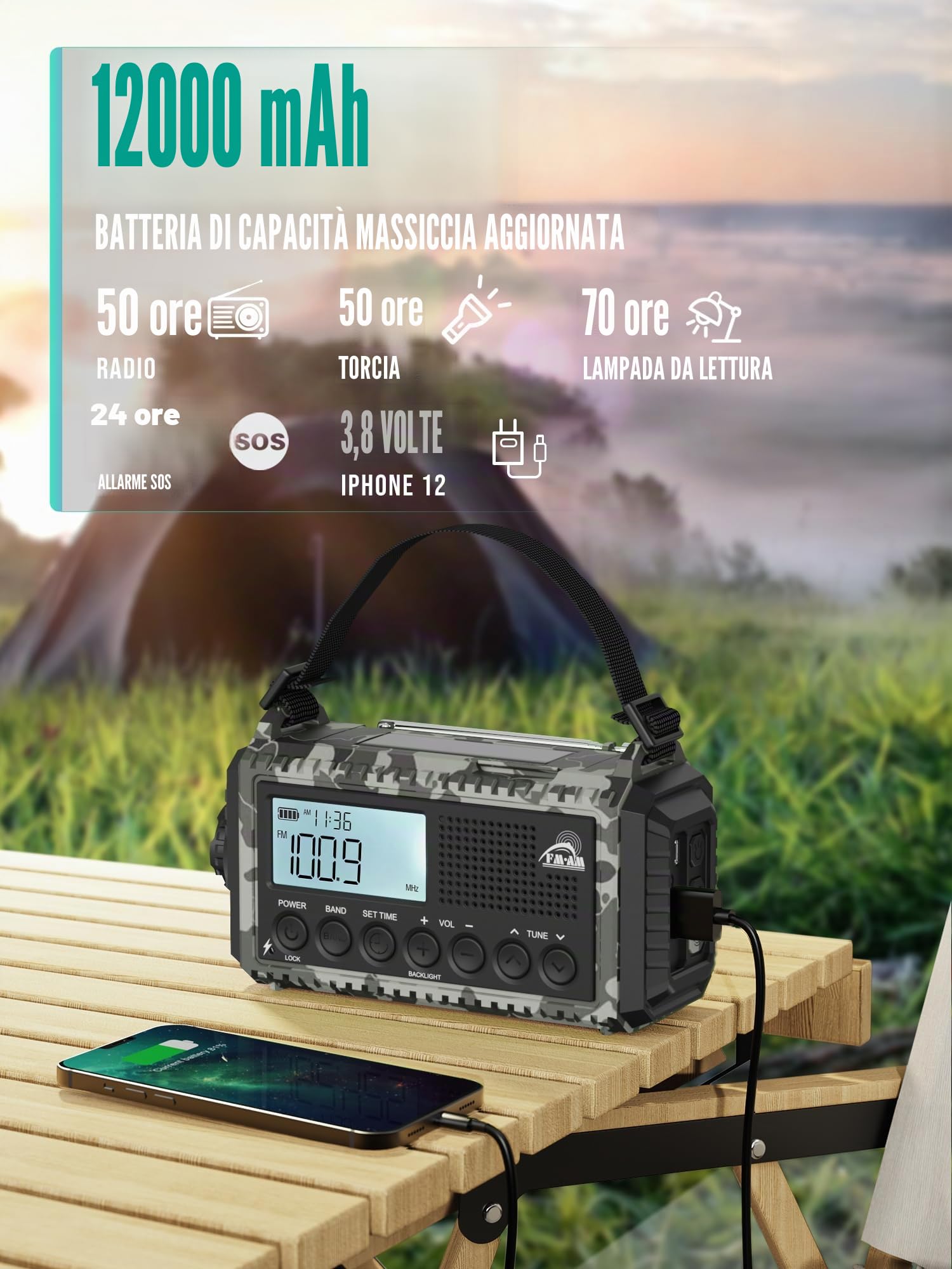 Radio Portatile di Emergenza 12000 mAh AM/FM/SW Ricaricabile Impermeabile