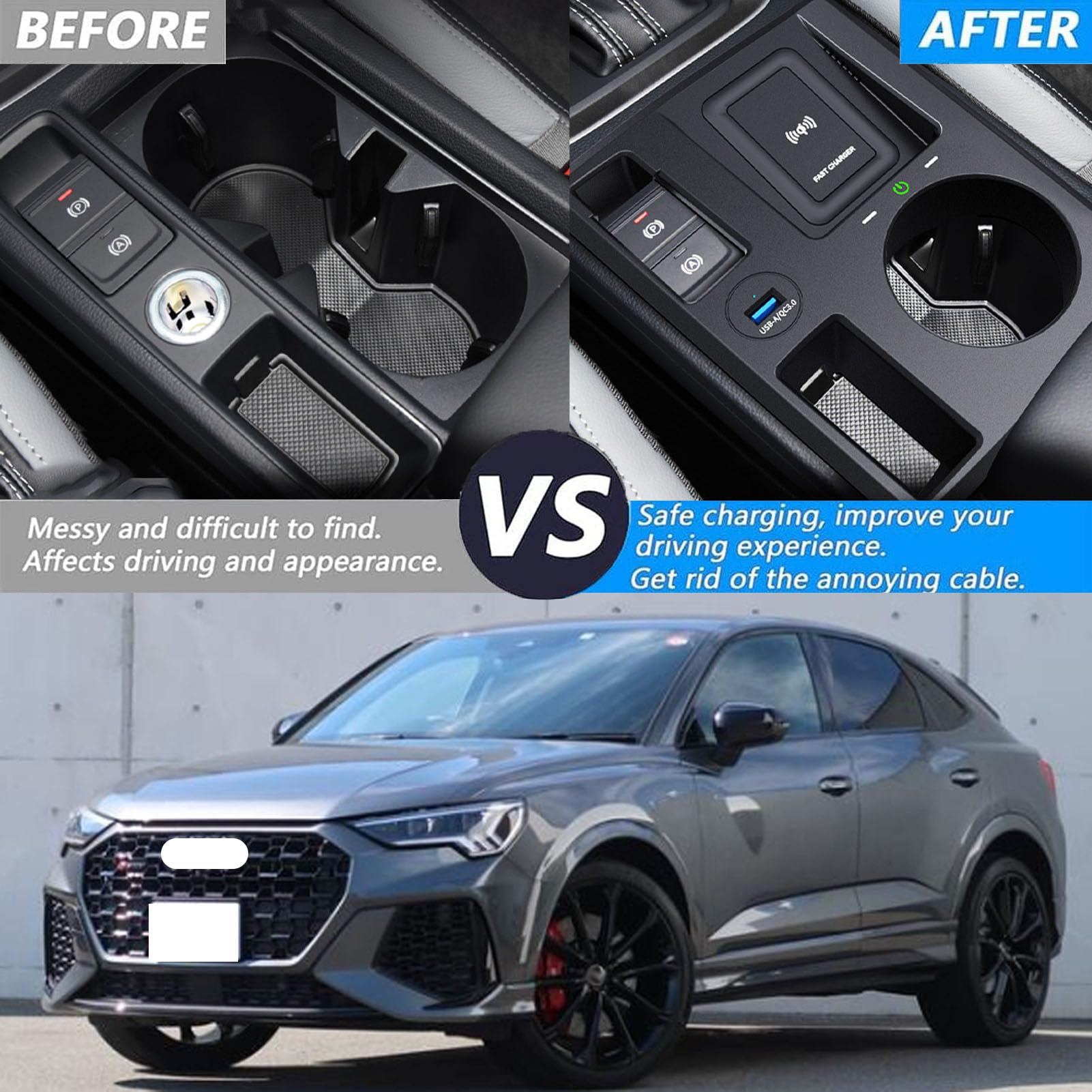 Caricabatterie Wireless per Auto per Q3 2019-2023 Q3 Sportback 2020-2023 Tutti i Modelli Accessorio con 15 W Wireless e USB Qc3.0 Ricarica Rapida Regalo per la Famiglia