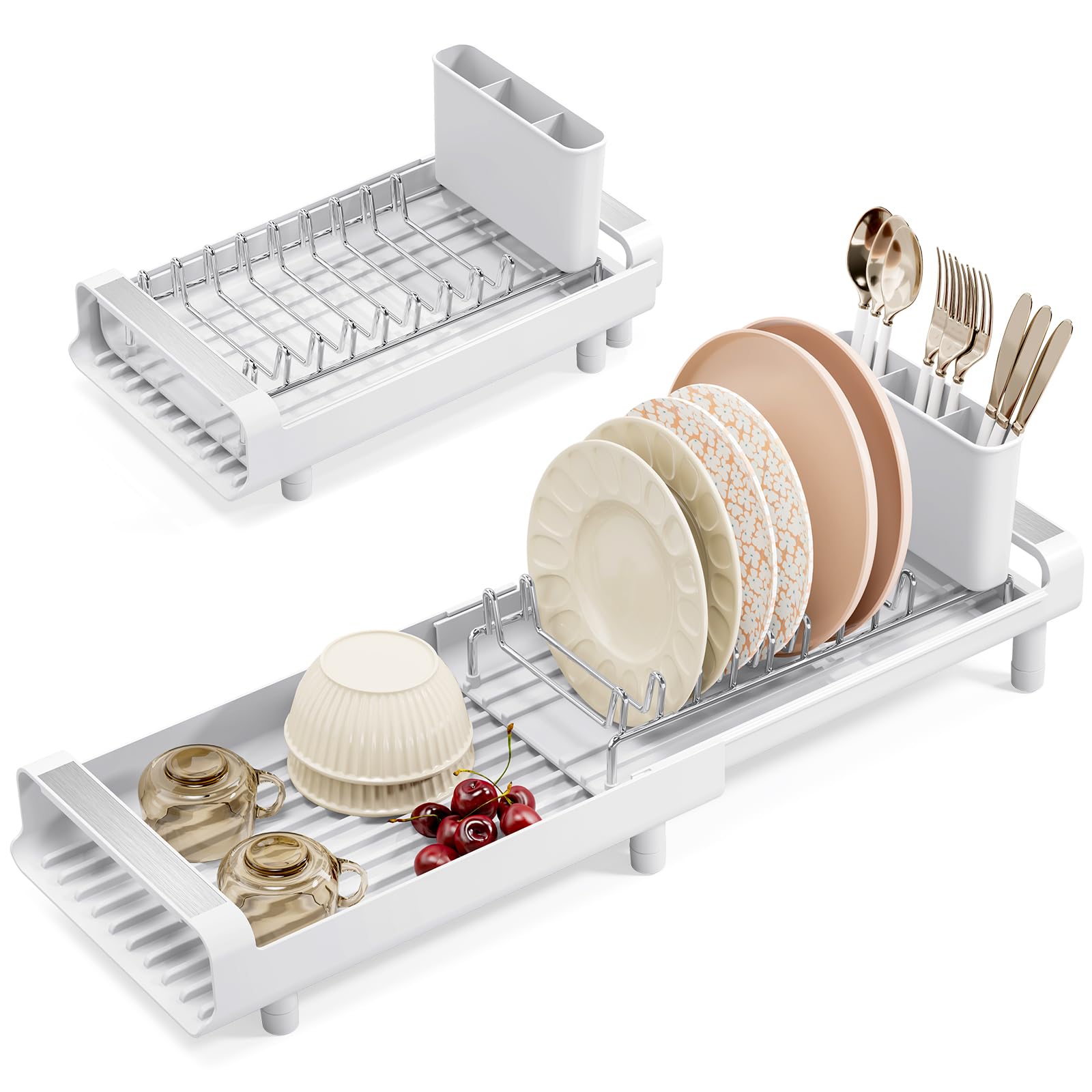Dish Drainer Rack, Small Dish Drainer, Expandable Dish Rack With Removable Cutlery Holder, Anti Rust Small Drying Rack for Sink, Compact Draining Board Rack For Kitchen Counter, White