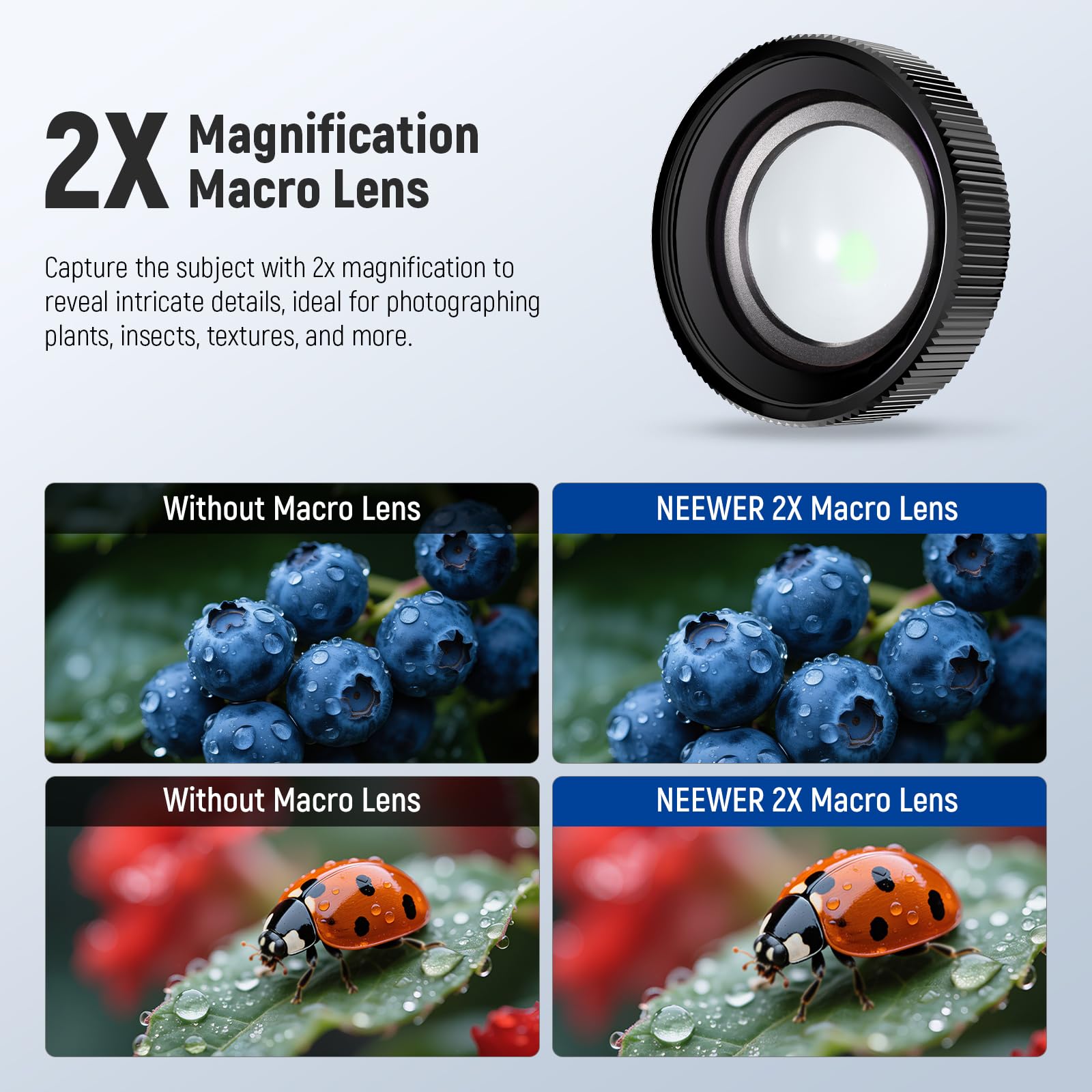 NEEWER Makro Objektiv kompatibel mit DJI Osmo Action 5 Pro/4 Action Kamera, Macro Lens, 2X Vergrößerung, 2 Linsenelemente in 1 Gruppe, 3-4cm Brennweite, Nahaufnahmen Zubehör, Nicht wasserdicht, LS-68