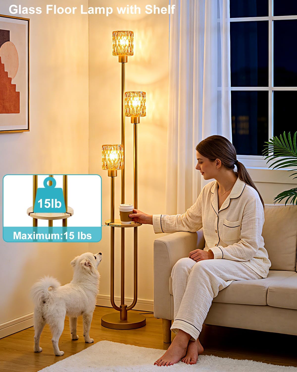 62IN Gold Floor Lamp with Amber Glass Shade 3-Lights Mid-Century Modern Farmhouse Floor Lamps with 3000K Soft Warm White Bulbs, Tall Standing Lamp for Living Room/Bedroom/Corner