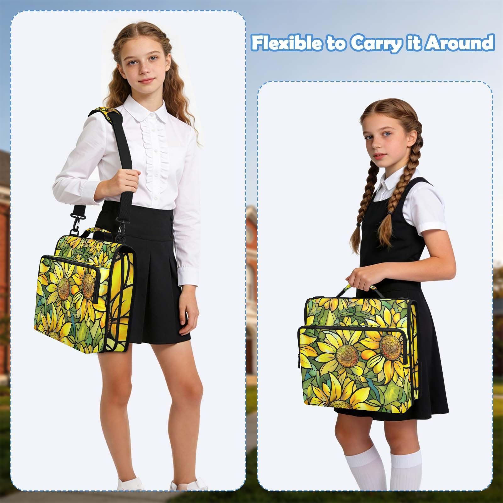 Ringbuchtasche mit 3 Ringen, Sonnenblumen-Motiv, Buntglas-Druck