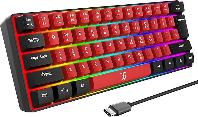 Snpurdiri 60% Wired Gaming Keyboard, Mechanical Feeling Small Mini Gaming Keyboard, Portable Compact RGB Backlit Keyboard for PC, Mac, Office, Gaming (61 Keys, Black-Red)