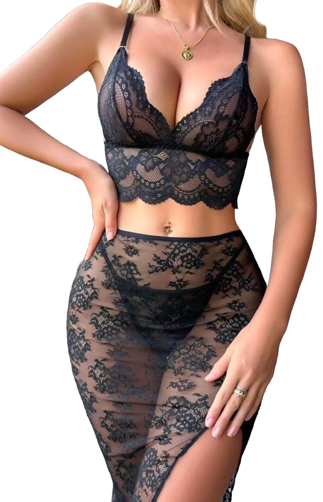 n shap lingerie's Women's 2-Piece Floral Lace Lingerie Set, Bralette and Sheer Skirt, Black-picture-30