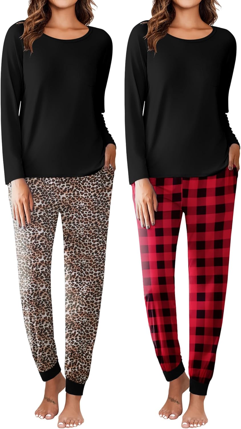 Ekouaer 2 Pack Womens Pajamas Set Long Sleeve Sleepwear Top and Jogger Pants Lounge Sets Cozy Pjs Loungewear S-XXL