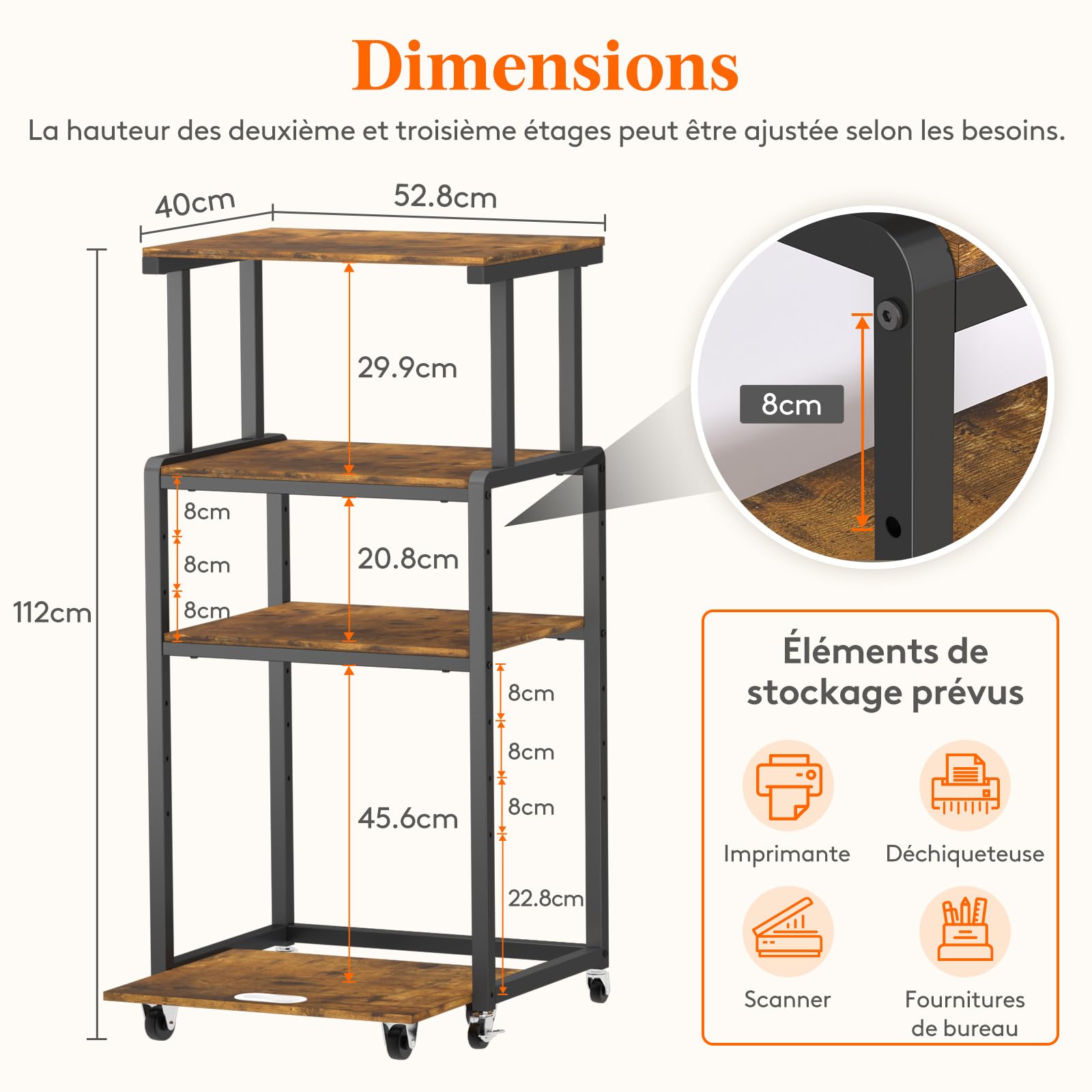 Lifewit Meuble Imprimante 4 Étages avec roulettes et Étagère de Rangement Ajustable pour Bureau à Domicile, Chariot D'imprimante pour Destructeur, Scanner, Brun Rustique, 53x40x112cm