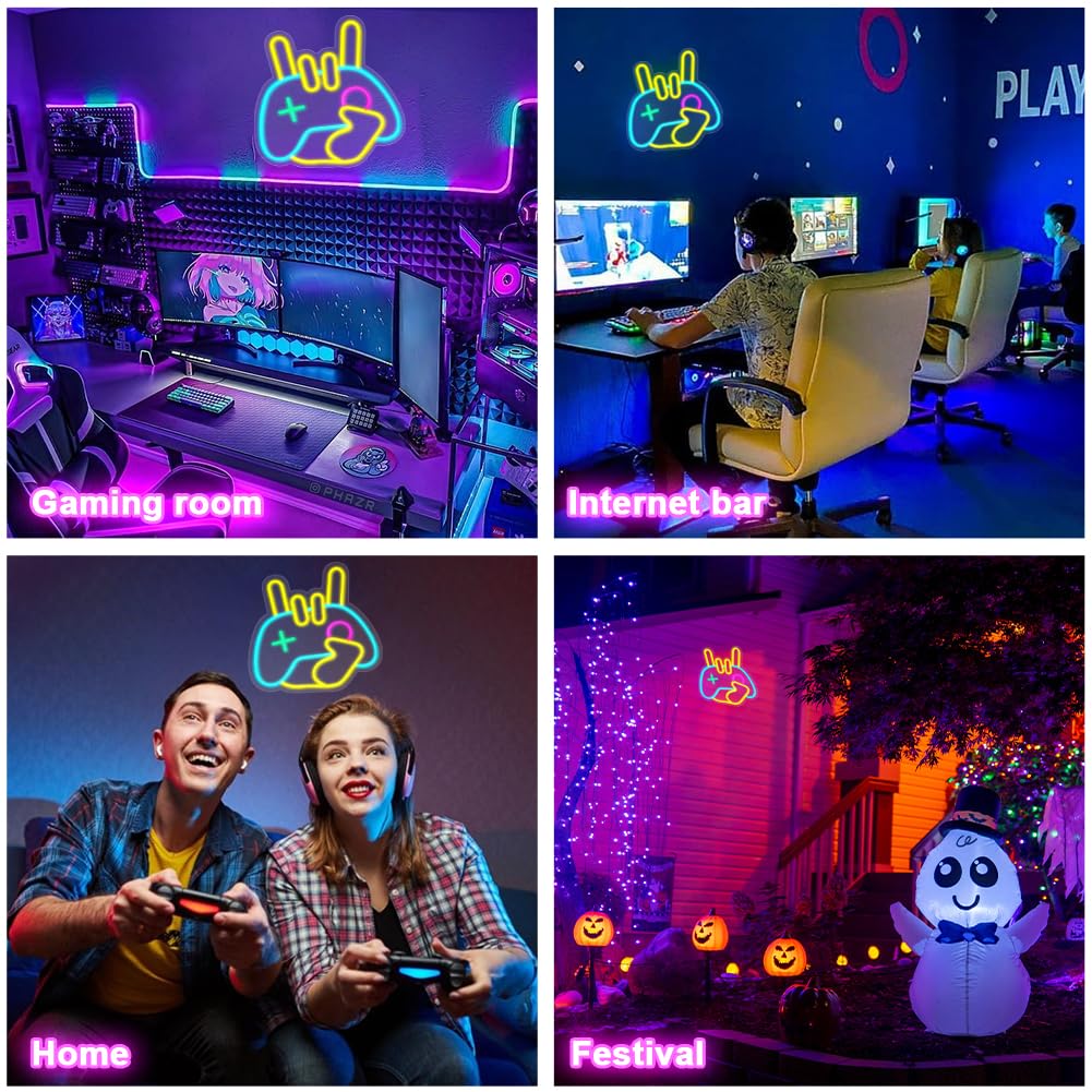 HOTUT Panneau Neon, Néon LED Lampe Enseignes Lumineuses Gamepad Neon, Néons combinant gestes et manettes de jeu, Lumineuse Neon Alimentée par USB Décoration Murale pour Salle de Jeu, Chambre,Bar