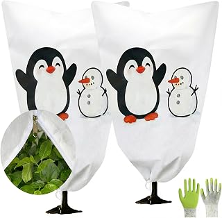 2-Pack Plant Covers Freeze Protection, 31" W x 47" L Thick Frost Cloth with Penguins and Snowmen, Tree Wrap for Winter with Zipper Drawstring Protect Your Plants