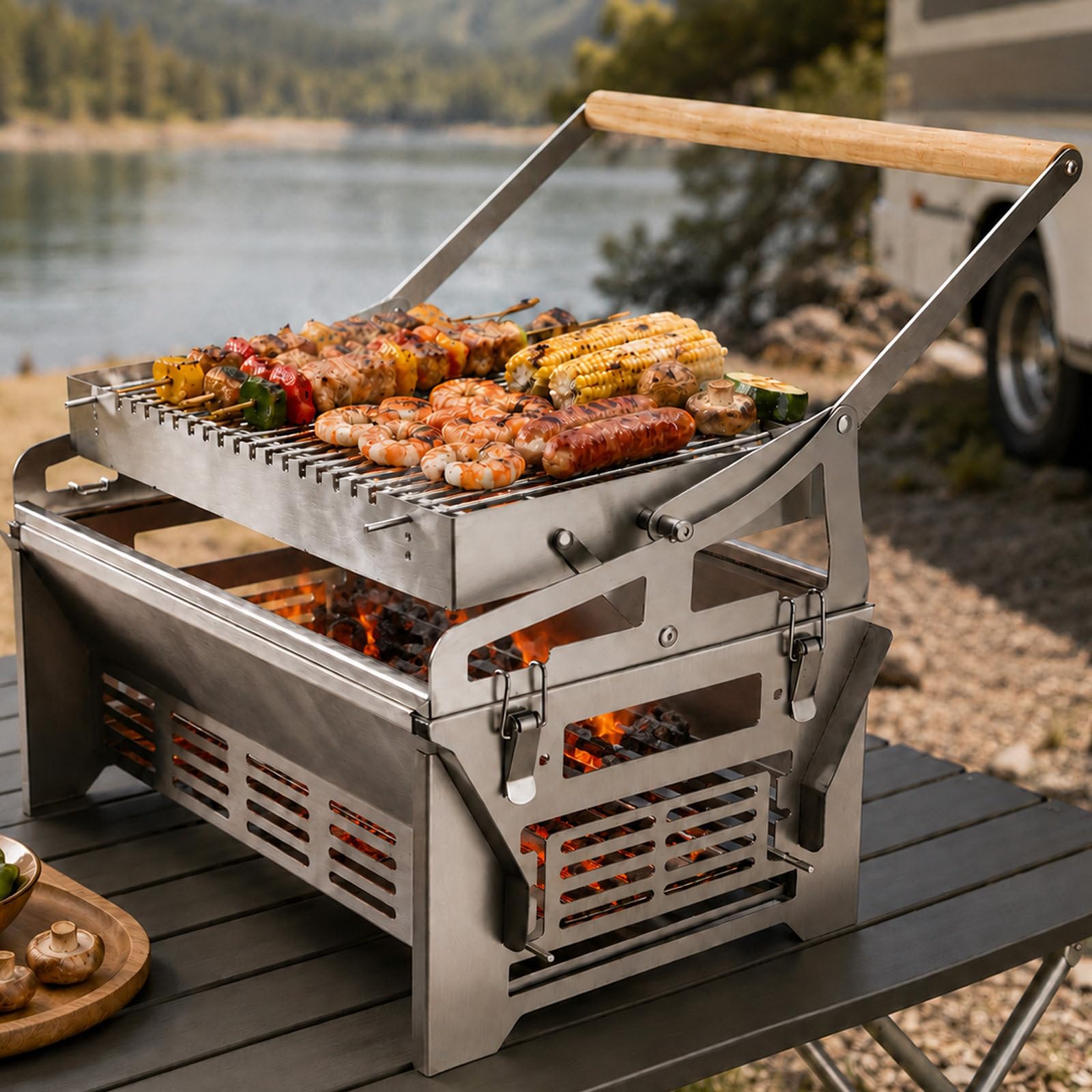 Barbecue da Esterno con Cestello Ribaltabile in Acciaio e Misura Compatta | La superficie da 395 x 280 mm offre spazio pratico per preparare pietanze e pasti adatti a un piccolo gruppo di amici.