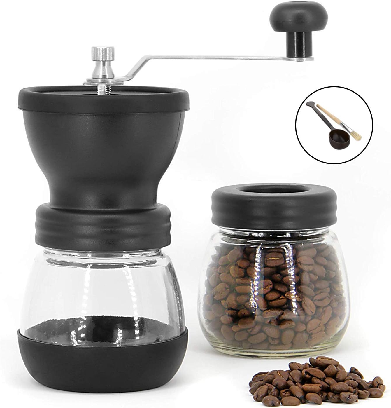 Carrefour Manual Coffee Grinder with Ceramic Burrs, Hand Coffee Mill with Two Glass Jars(11oz each), Brush and 1 Tablespoon Scoop