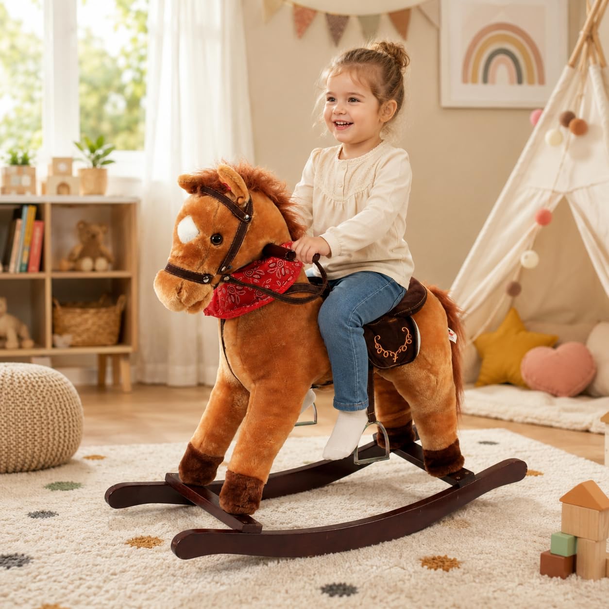 Bayer Chic 2000 Schaukelpferd Cowboy mit Sound Plüsch Schaukeltier braun | Plüsch-Schaukeltier mit Sound (Wiehern & Galopp) & beweglichen Lippen. Sattelhöhe 46cm. Mit Steigbügeln, Zügeln & Holzgriffen