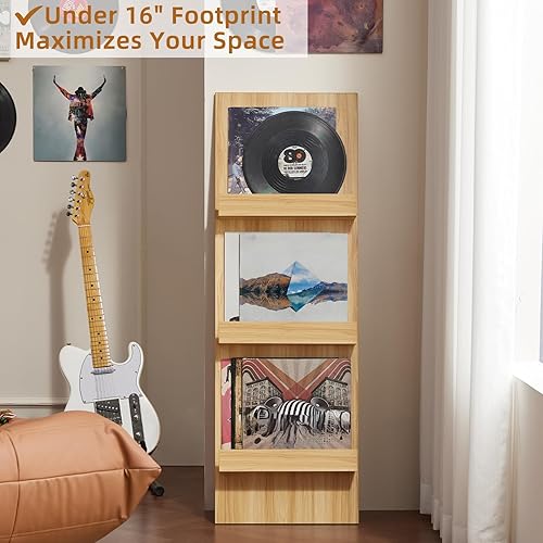 Miniatura 7 de LELELINKY Soporte para discos de vinilo de montaje en pared con área de visualización de 3 niveles, soporte de almacenamiento de discos de 47.5