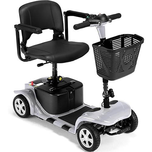 Superrio 4 Wheels Mobility Scooter for Adults, Senior Electric Powered Chargeable Device for Travel, Removable Lightweight and Portable, with LED Headlights and Basket, Charger Included (Sliver)