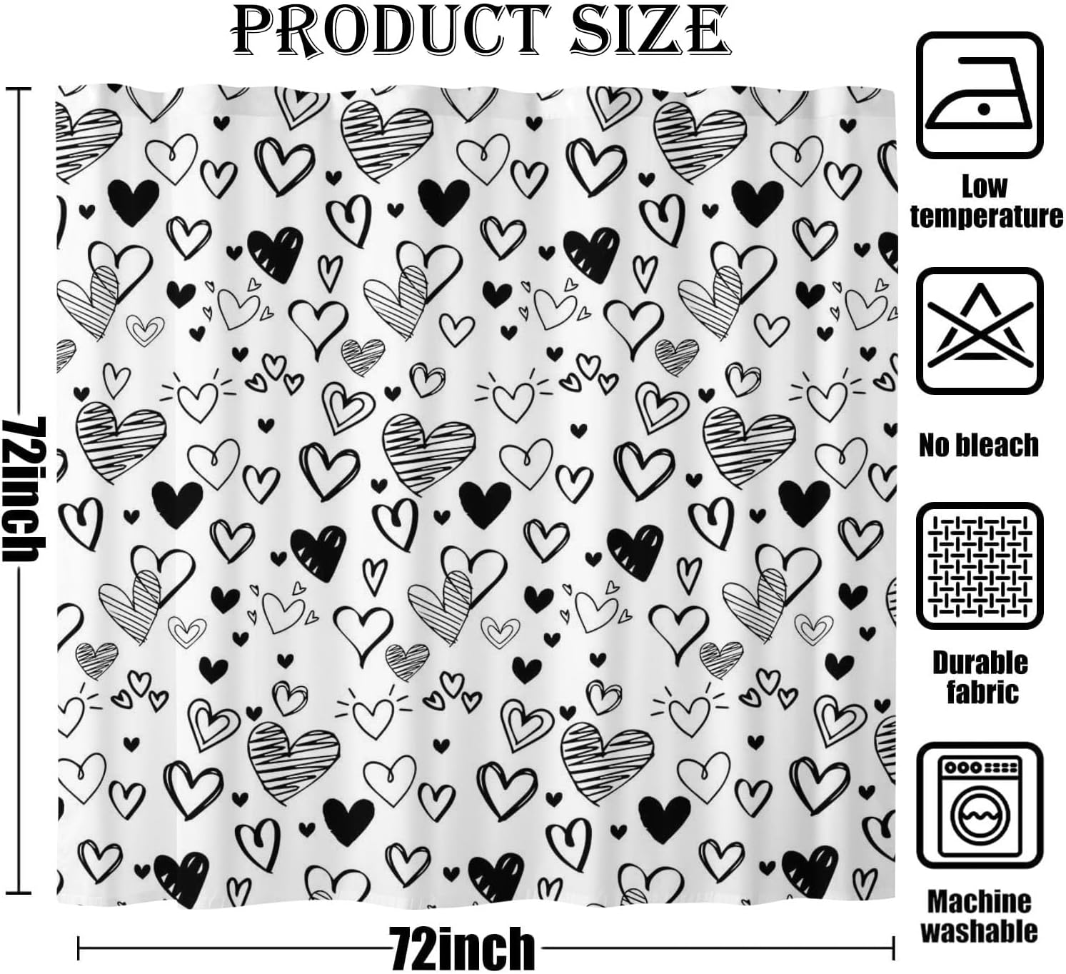 Black Love Hearts Shower Curtain Doodle Style Hearts Bathroom Curtain Set Valentines Day Polyester Fabric Bathtub Decor with 12 Hooks 72 x 72 Inch