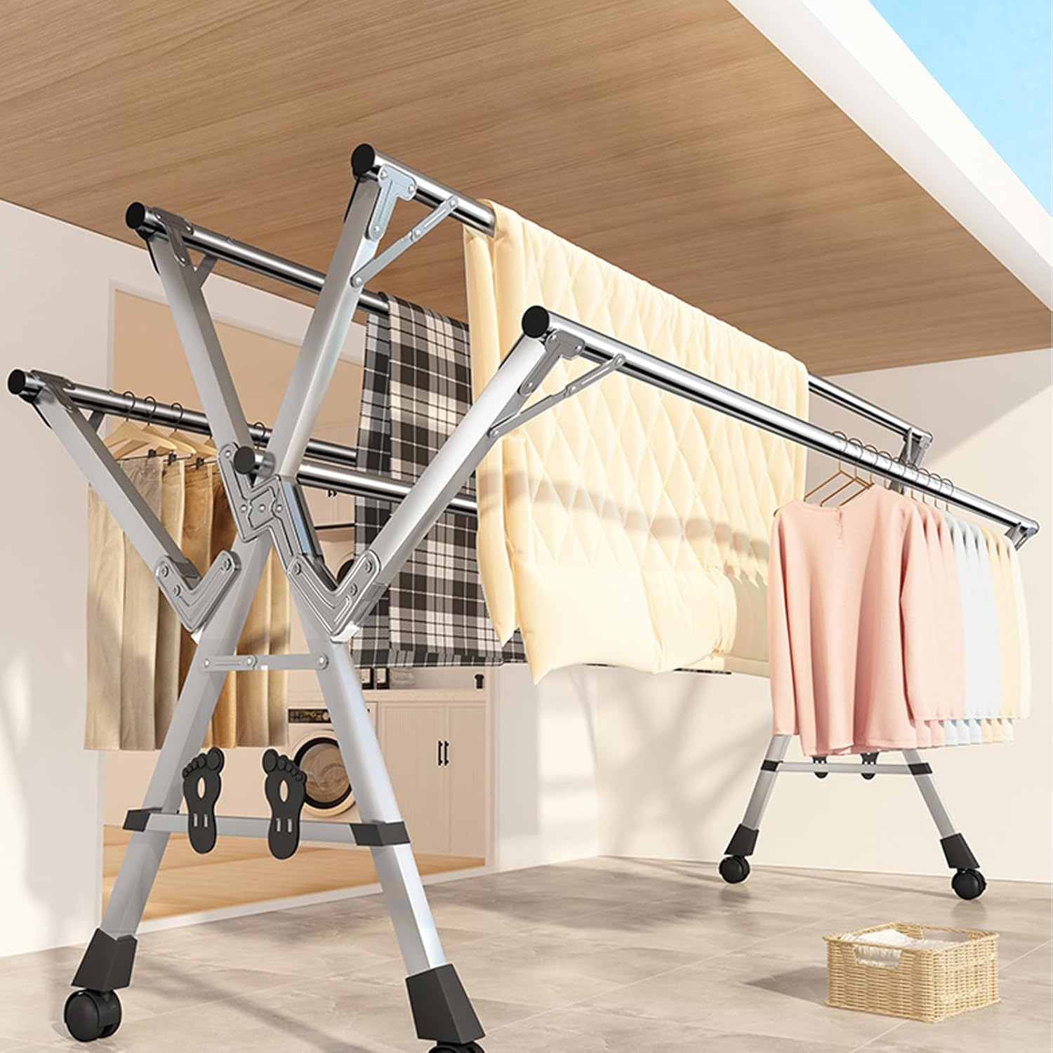 5 Rods Clothes Drying Rack, Folding Drying Rack Clothing, Adjustable Portable Clothesline with Wheels for Indoor Outdoor Use