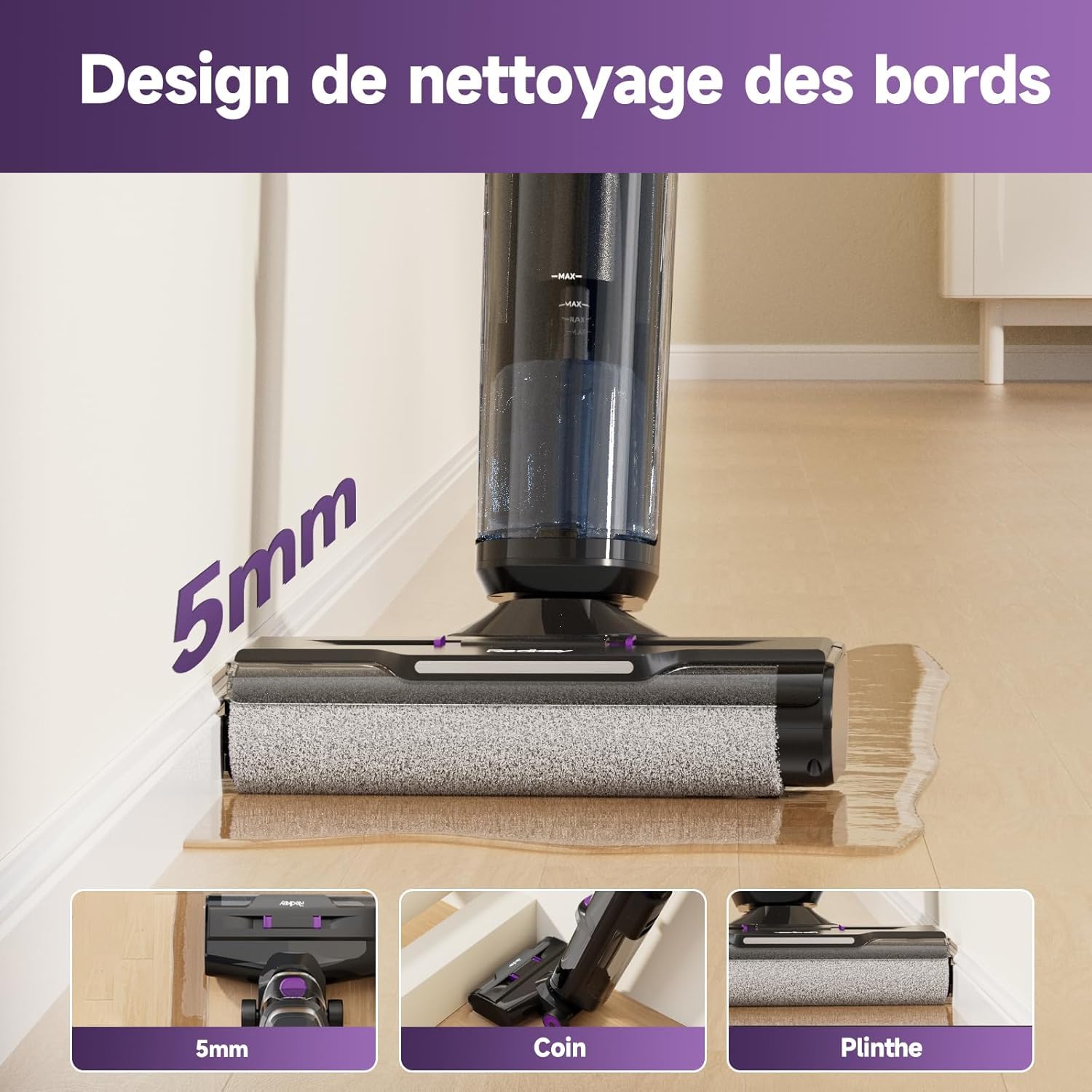 Redkey W15 Aspirateur Balai Laveur sans Fil, 26.000 Pa Balai aspirateur Laveur 3 en 1, Aspiration Puissant Eau et Poussière, 5mm Simple Lamination, Longue Autonomie, LED écran Digital, Auto-Nettoyage