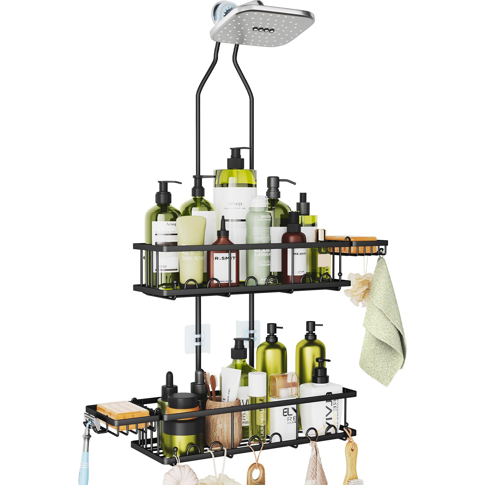 Skyapex Shower Caddy Hanging Adjustable Height Organizer for Over Showerhead - Black Rustproof Shower Shelves with Hooks 2