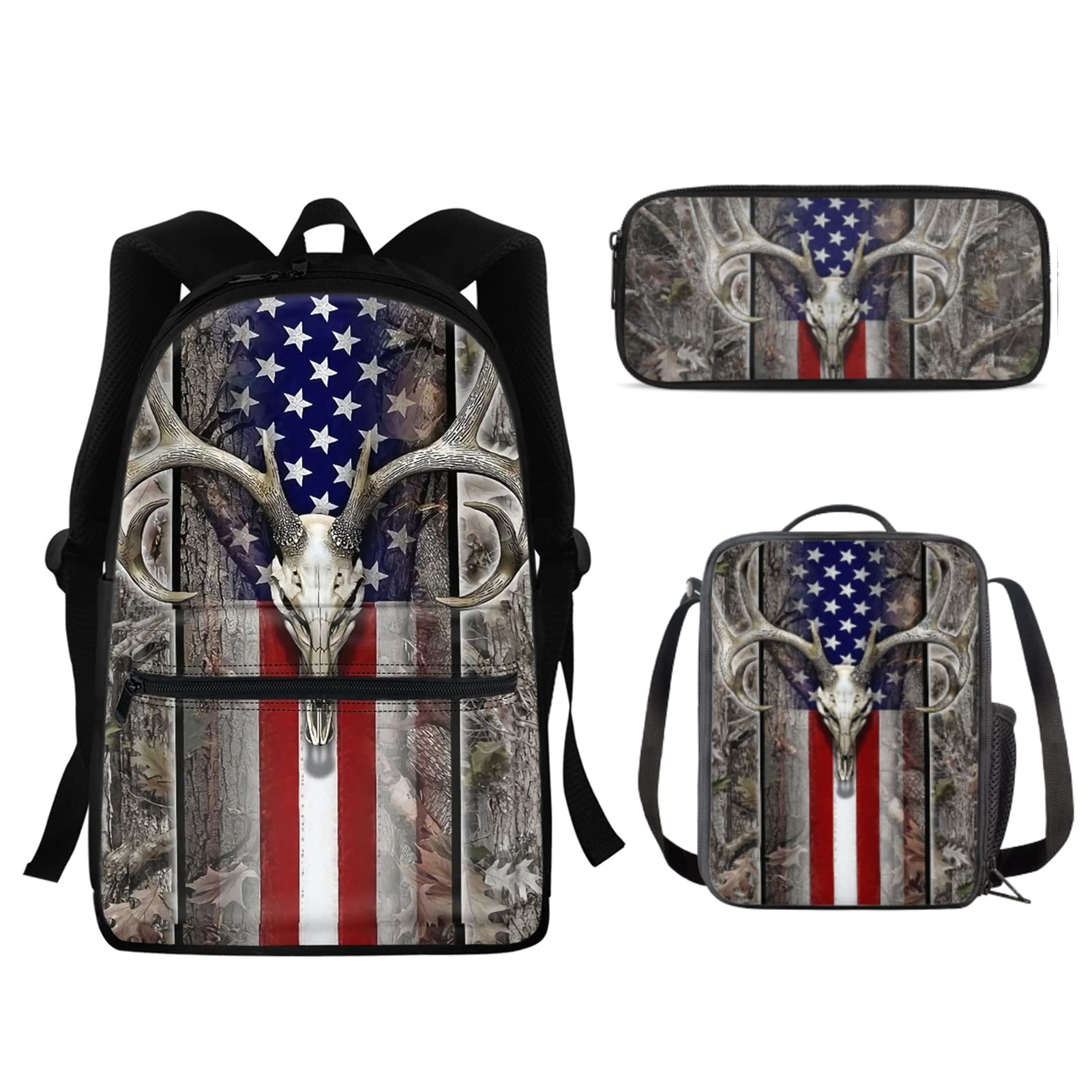 AFPANQZ Child's School Satchels Set America Flag Deer Skull Bags Storage School Satchel, Portable Lightweight School Satchels for Teen Boys 3 Pack