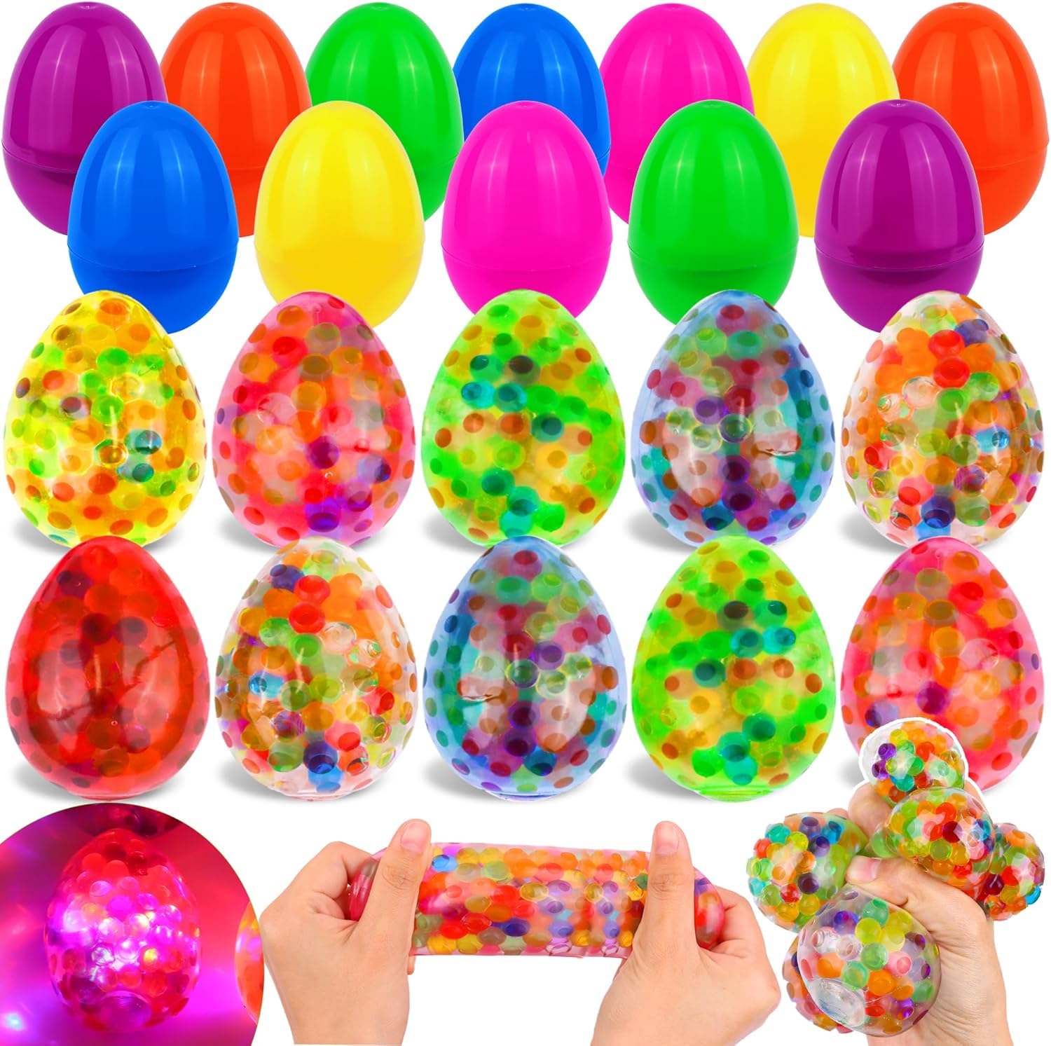Prefilled Easter Eggs, 12 Pack Light up Fidget Stress Balls Easter Basket Stuffers Glow in The Dark Squeeze Balls Toys for Kids