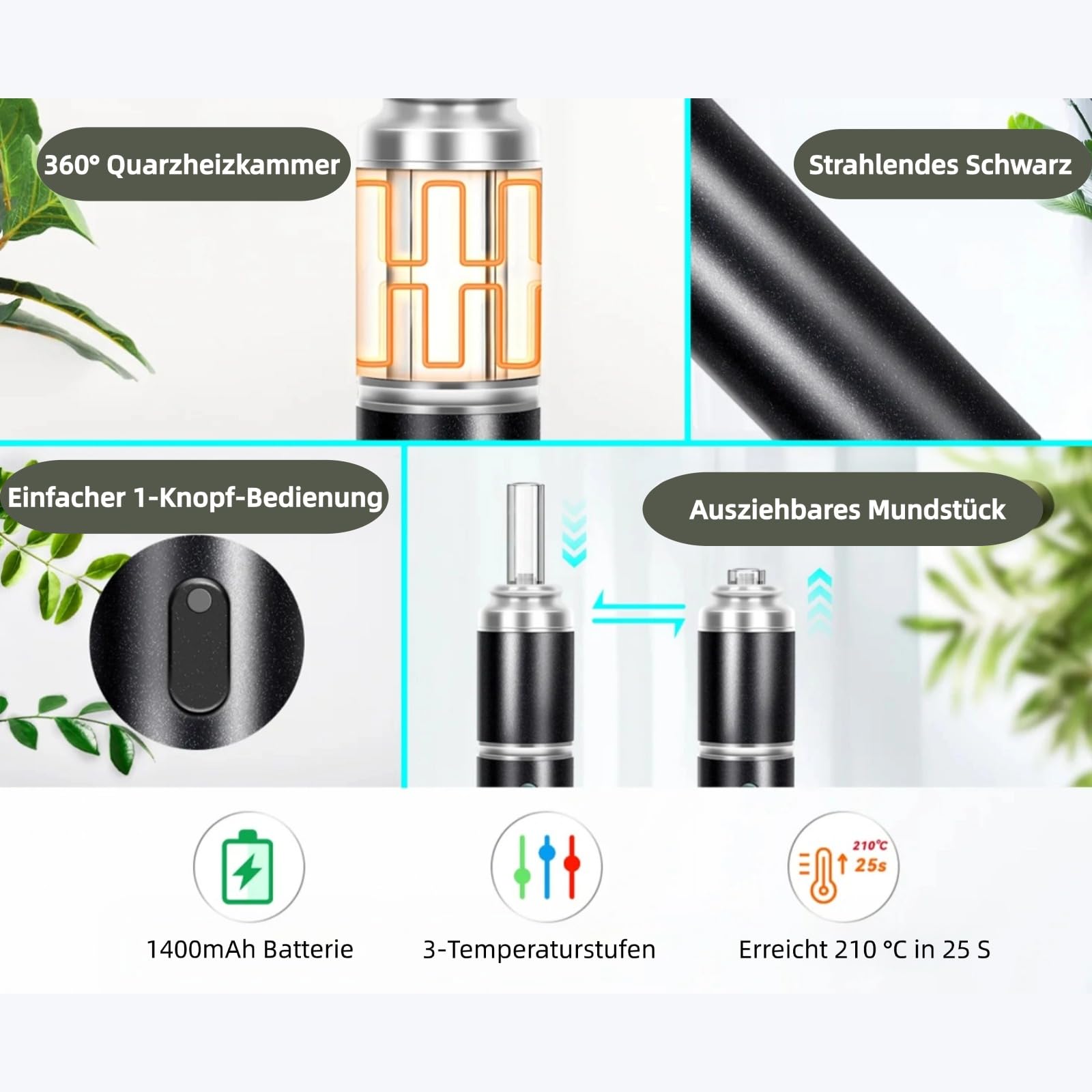 Kräuter Vaporizer aus Vollmetall | Premium Konvektions-Verdampfer mit Ausziehbarem Glasmundstück & Quarz-Heizkammer & Ein-Knopf Bedienung | Sauber & Intensiv(EX-PEN)