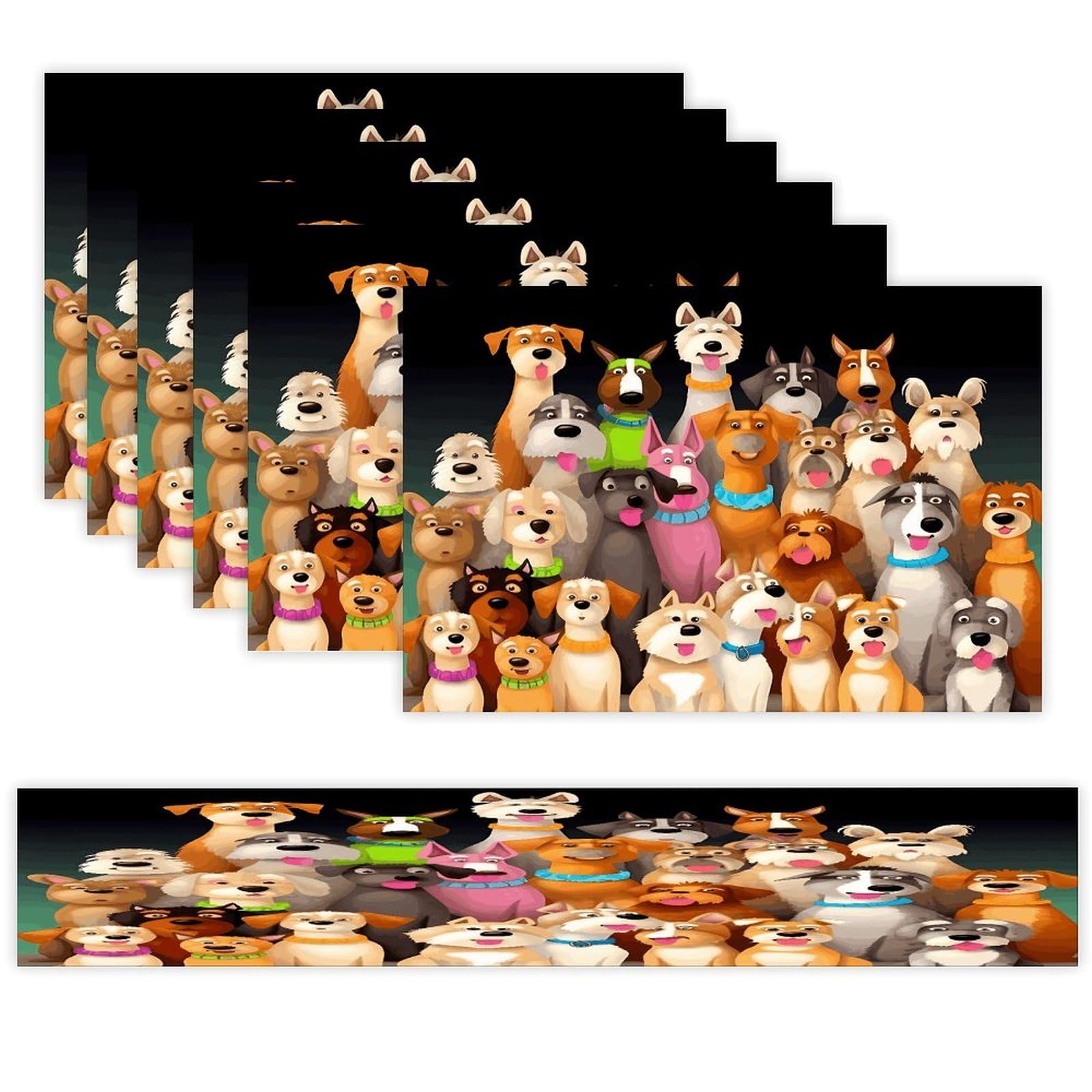 Dogs Table Runner and Placemats Set of 6 Heat Resistant Washable Linen Place Mats Farmhouse Long Table Runner Xmas Kitchen Table Mats Art Dining Table Decor for Daily Use