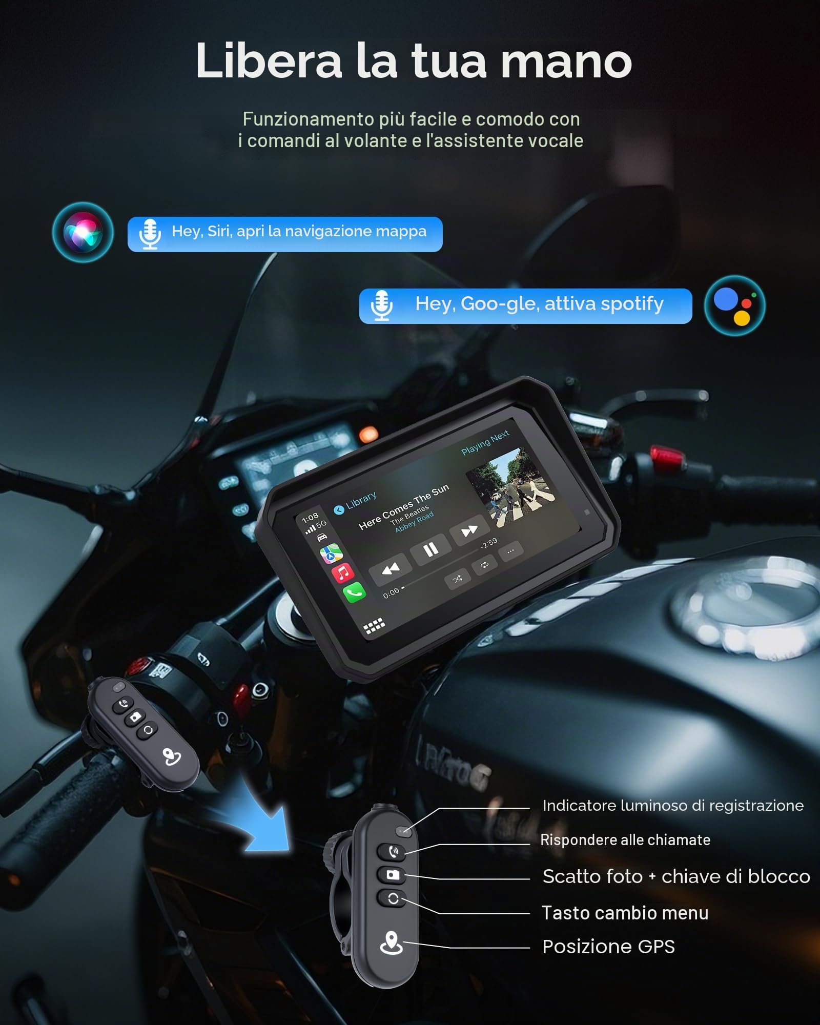 Jansite Moto Carplay Schermo con HD 4K Dash Cam 6,25'' Touchscreen | Doppia Telecamera Anteriore e Posteriore, Senza Fili CarPlay e Android Auto, Cablato Controller, BT Audio, GPS Navigatore