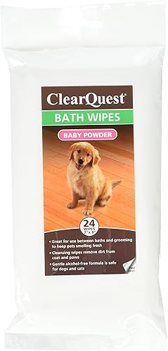 ClearQuest Toallitas de baño - Toallitas sin alcohol para limpiar y desodorizar perros y gatos entre baños, polvo para bebé, paquete de 24