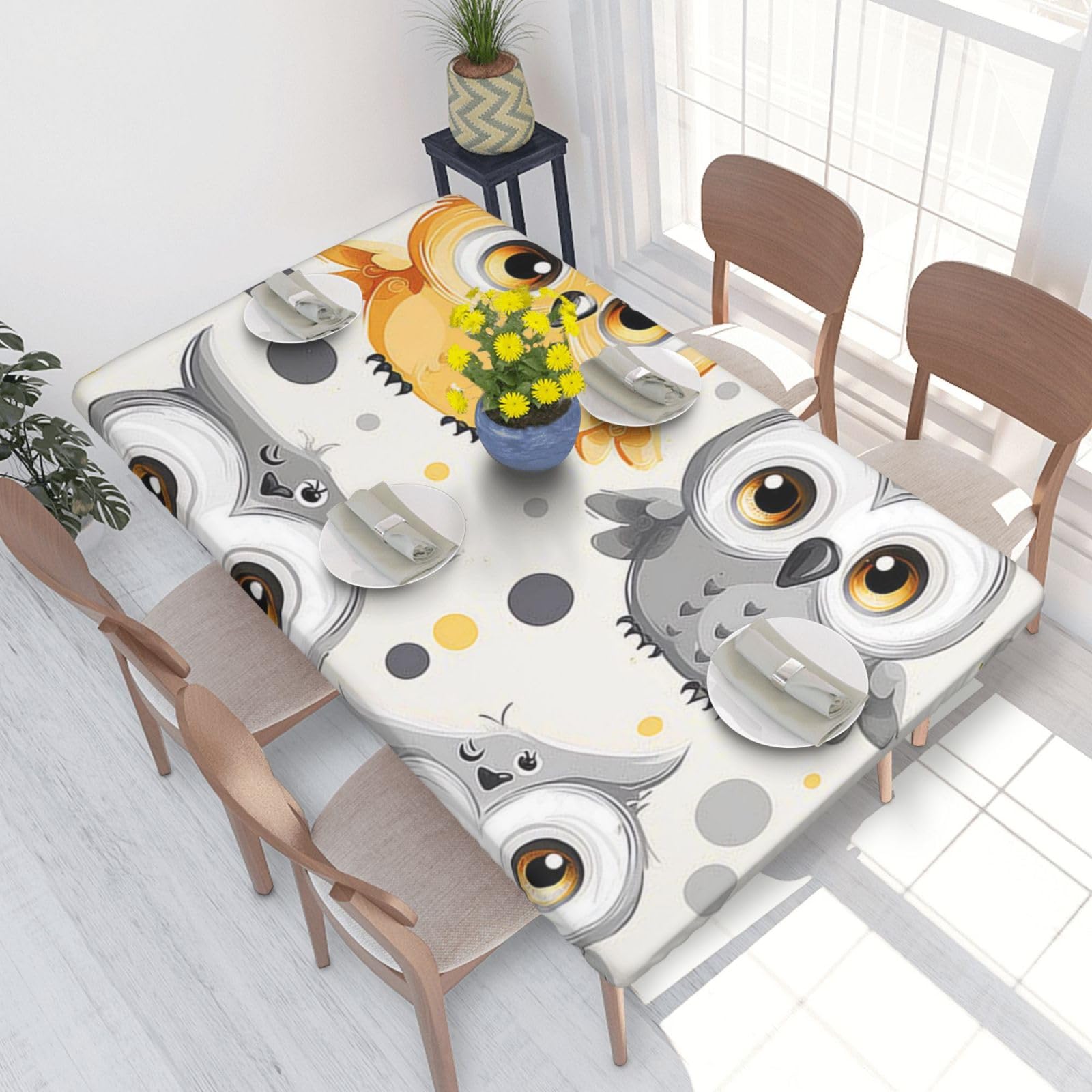WPKJU Animal Cartoon Owls Cute Printed Tablecloths 4ft Rectangular Table Covers Washable Polyester Decorative Table Cloth for Dining Table Picnic Wedding