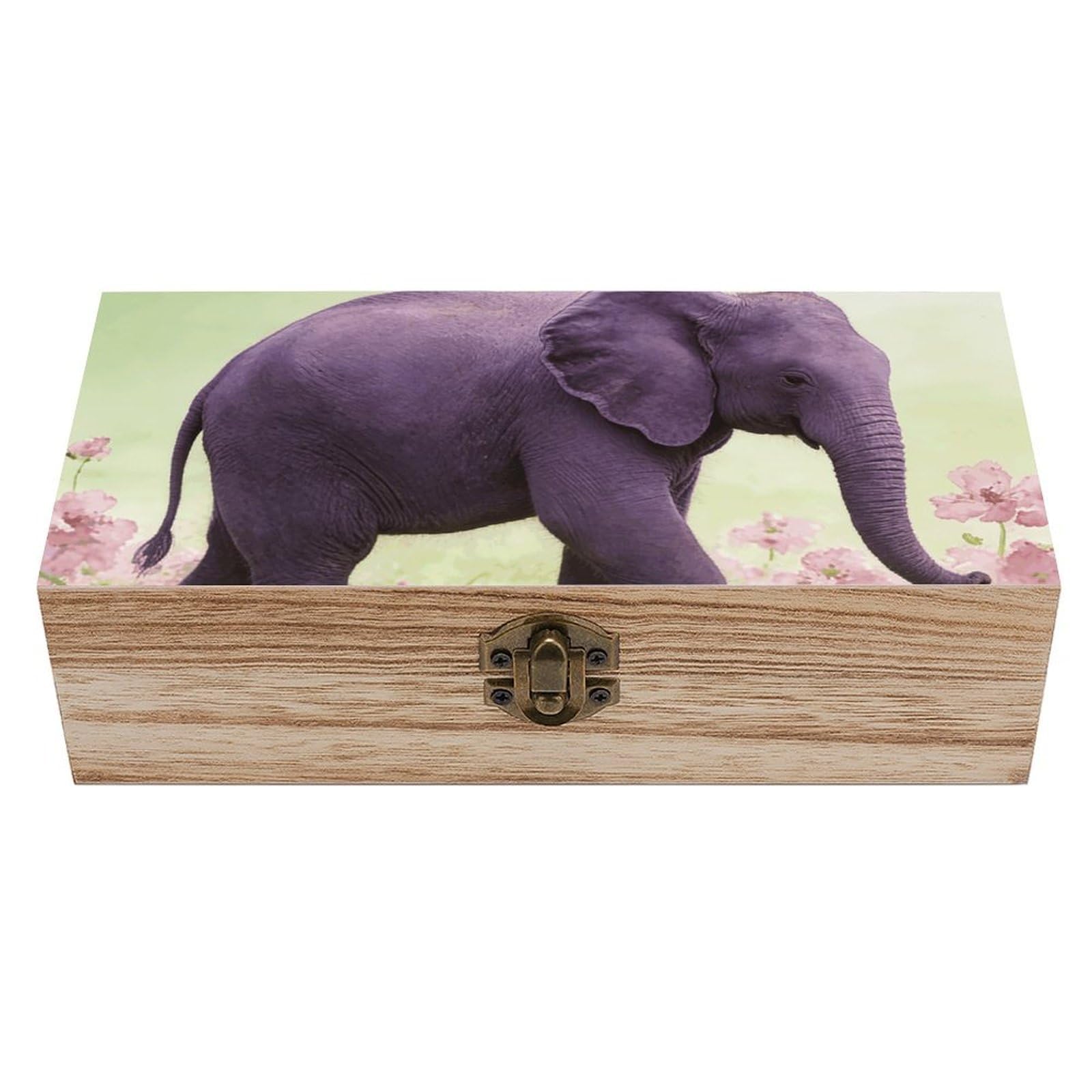LZQPOEAS Purple Elephant Wooden Storage Box Small Decorative Box with Hinged Lid Handmade Elegant Keepsake Storage Box for Jewelry, Photos, Trinkets, Letter Gifts, Small Heirlooms