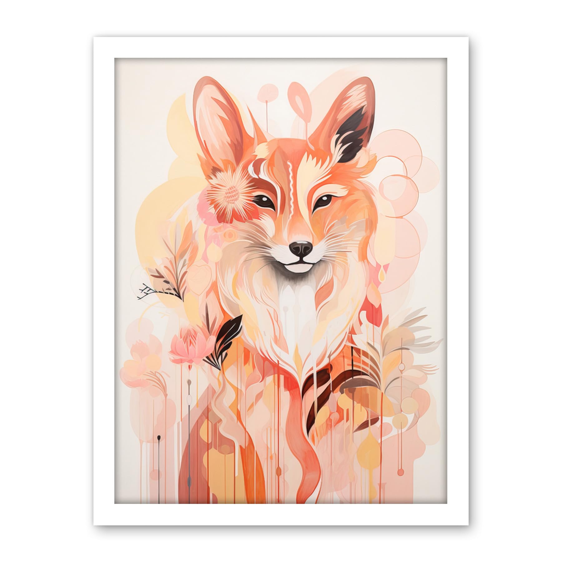 Artery8 Floral Fox Spirit Animal Boho Calm Pastel Colour Artwork Orange Pink Abstract Woodland Creature Flowers Artwork Framed Wall Art Print 18X24 Inch