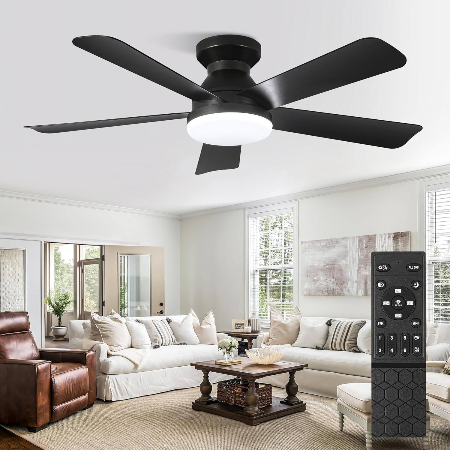 RLMIEL 42 Inch Ceiling Fans with Lights and Remote,Outdoor Indoor Modern Flush Mount Ceiling Fan with 3CCT 6-Speed Quiet DC Motor,White Small Low Profile Ceiling Fan for Bedroom Living Room