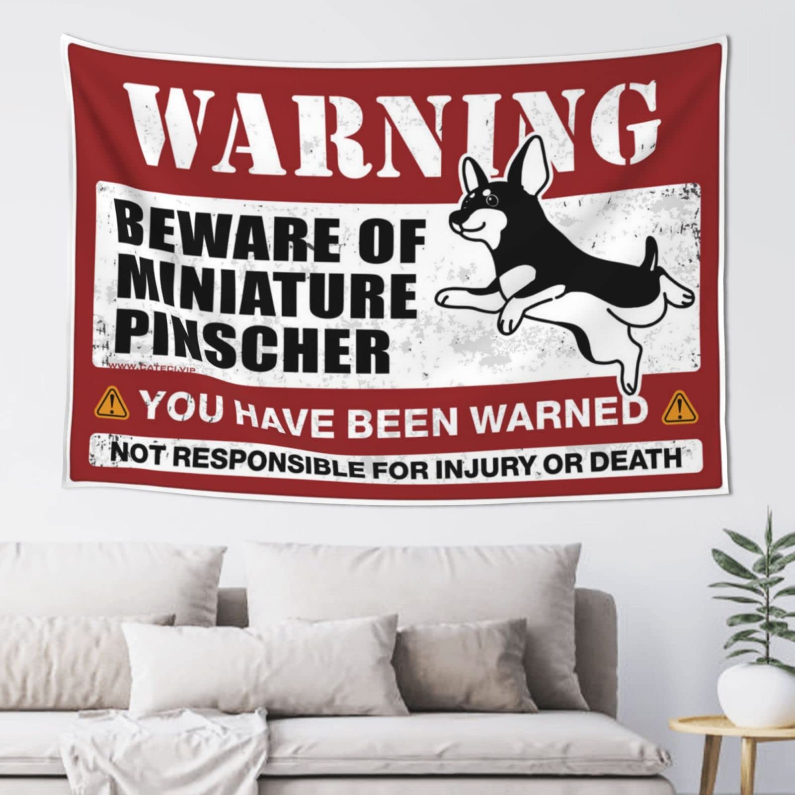 PRAVOXI Room Door Decor Beware Of Miniature Pinscher Tapestry Room Decore Men Cave Decor(75X100CM)