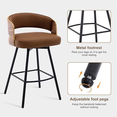 Miniatura 5 de Juego de 2 taburetes de bar giratorios de madera curvada de 26 pulgadas de altura de mostrador, taburetes de bar tapizados de piel sintética con