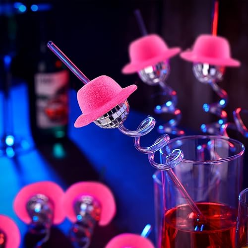Miniatura 2 de Pajitas de bola de discoteca plateadas de los años 70, pajitas decorativas para discoteca, mini discoteca, vaquera, sombrero rosa, pajita,
